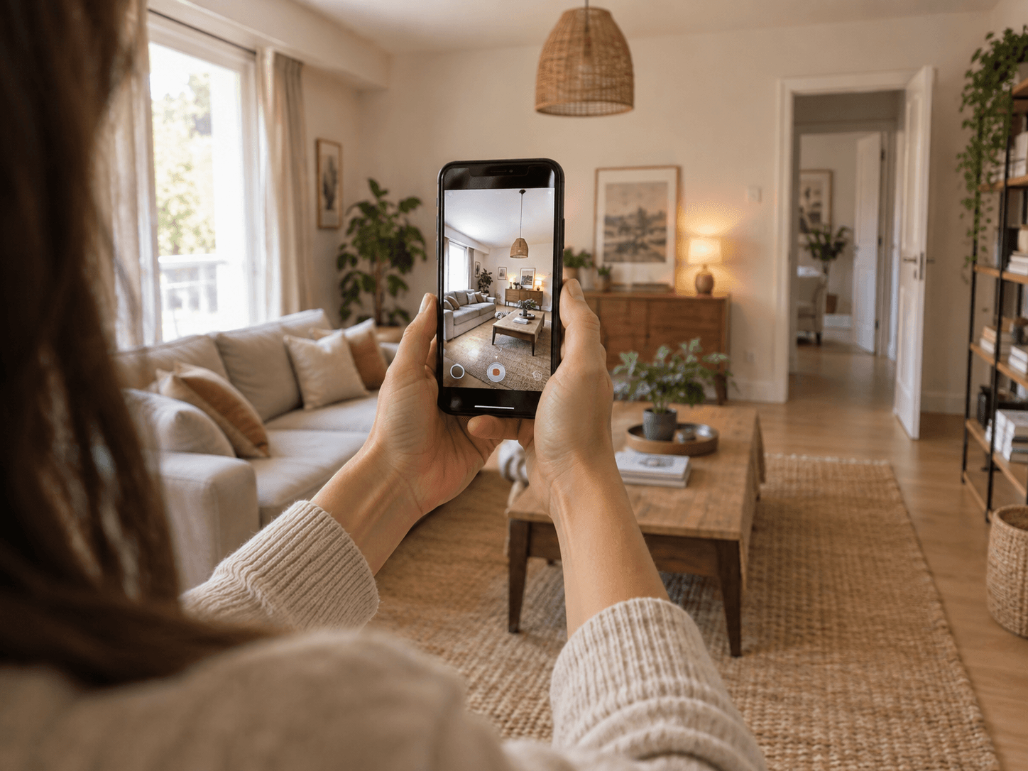 Personne filmant un salon meublé avec son smartphone